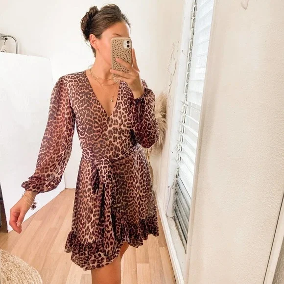 Ganni Animal Print Mesh Mini Wrap Dress Size Small 36 - Picture 15 of 15